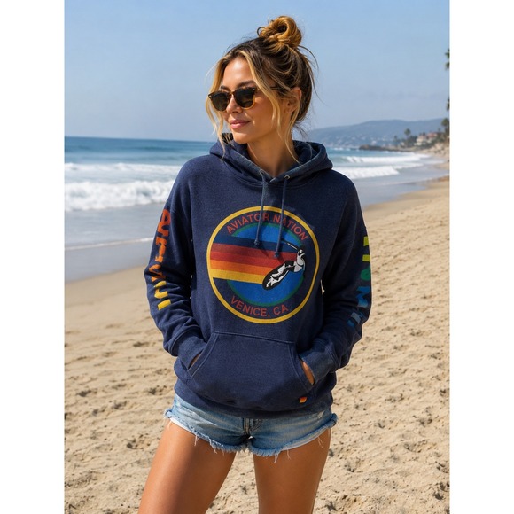 Aviator Nation Tops - Aviator Nation Venice CA Surfer Pullover Hoodie Rainbow Graphic Navy Blue Medium